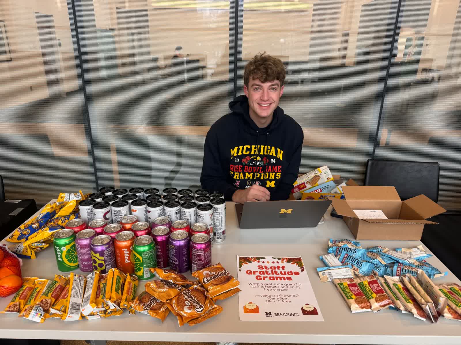 BBA Council Staff Gratitude Grams table stocked with snacks and drinks